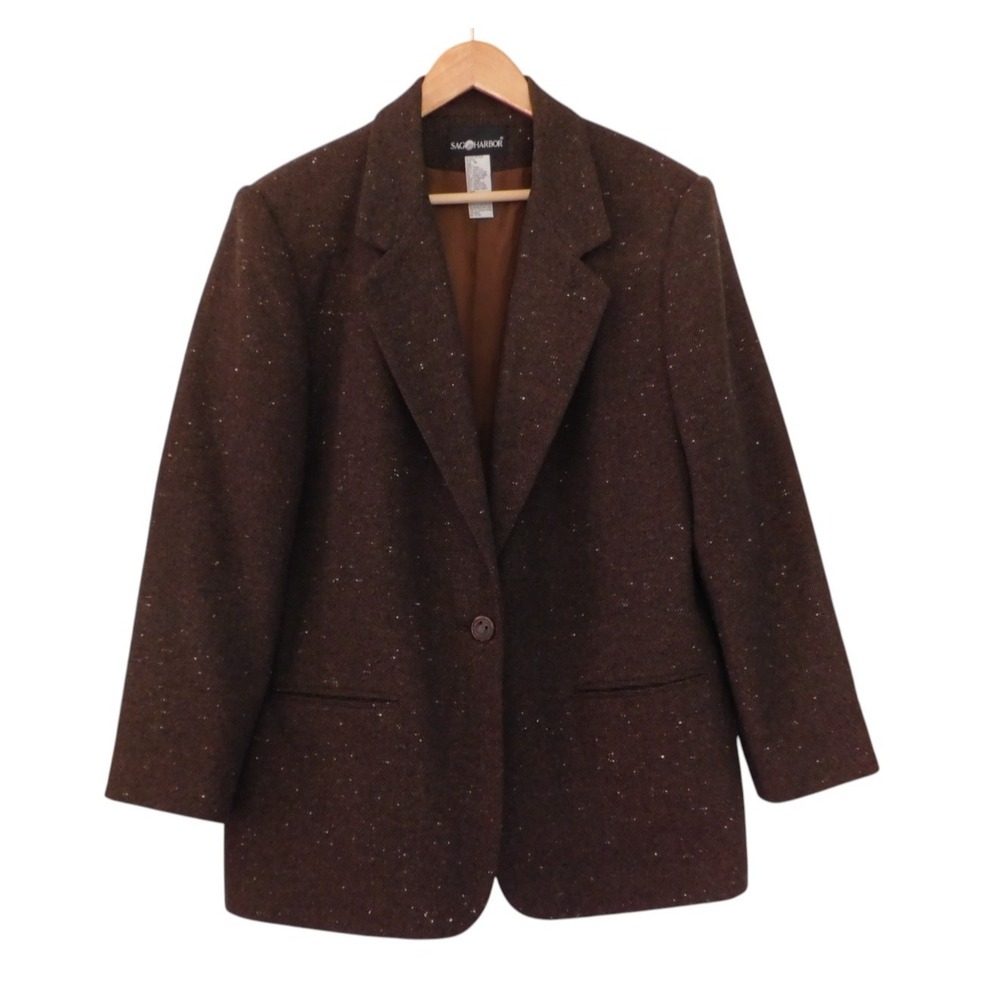 Sag Harbor One Button Career Blazer Jacket Ladies Wool Blend  Brown Tweed Sz 16